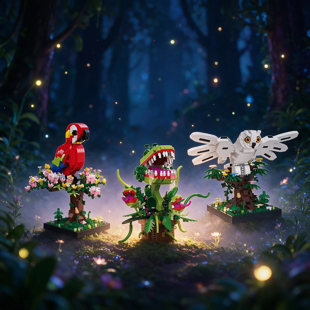 blocos-de-montar-criaturas-da-floresta-papagaio-armadilha-de-mosca-venus-coruja-da-neve-modelo-diy-para-decoracao-criativa-de-mesa-e-casa
