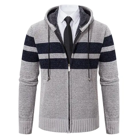 เสื้อแจ็คเก็ตมีฮู้ดบุขนแกะหนานุ่มสำหรับผู้ชาย ฤดูหนาว 2025  มีซิปหลากสี เสื้อสเวตเตอร์/คาร์ดิแกนถักลำลองสำหรับผู้ชายที่ให้ความอบอุ่น