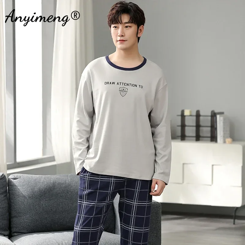 Autumn Long Sleeve Pajamas Set for Men Plus Size Sleepwear Kinttied Cotton Pajama for Boy Plaid Minimalist Style for Gentleman