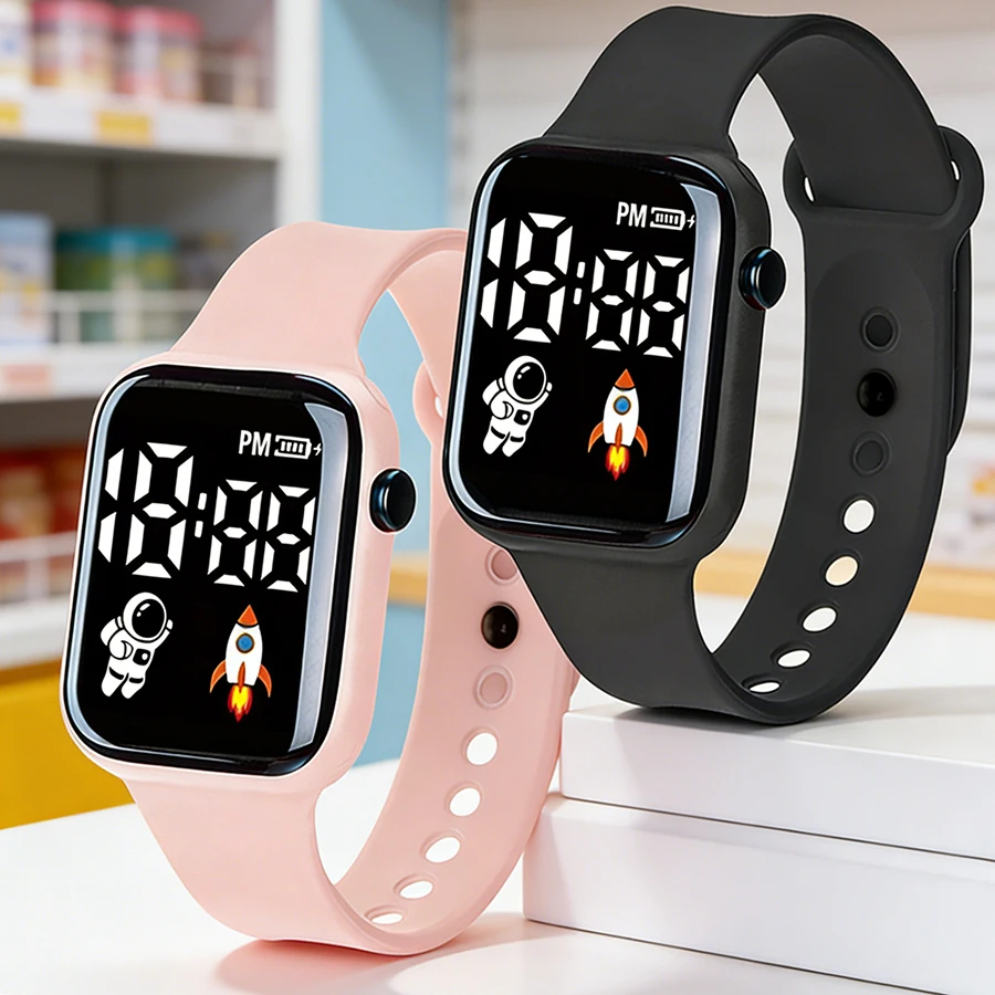 2pcs/set Led Sports Watch for Women Boys Girls Date Week Cute Electronic Watch Silicone Cartoon Kids Children Digital Wristwatch