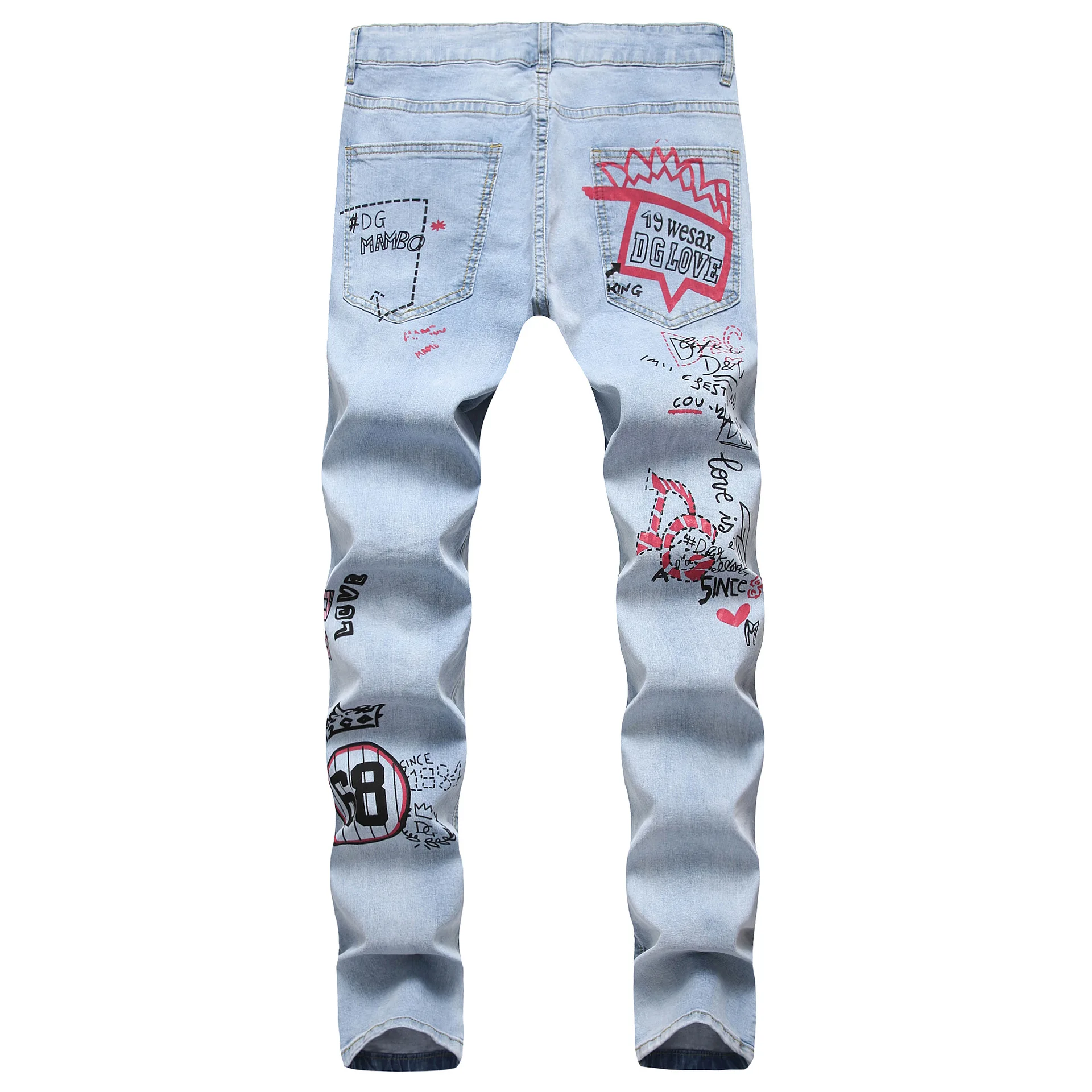 Homens High End Stretchy Jeans, Hip Hop Jeans, Cor Clara, Bordado Rasgado, 3D, Impressão Tridimensional, King Street, Hip Hop, Hipster