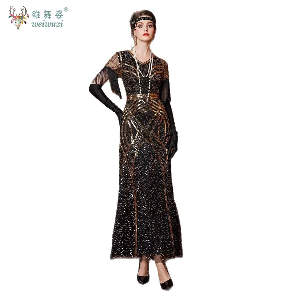 

Длинное вечернее платье с вышивкой бисером и пайетками, рукавами с кисточками, вечернее платье в стиле ретро в стиле Гэтсби, бальное платье с коротким рукавом для выступлений