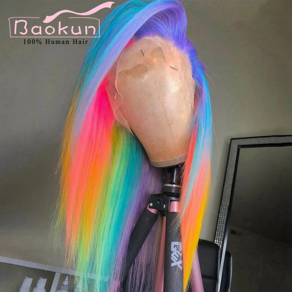 Perruque Lace Frontal Wig naturelle lisse à reflets colorés arc-en-ciel, 13x6 HD, vert rose, 13x4, partie libre, pour femmes