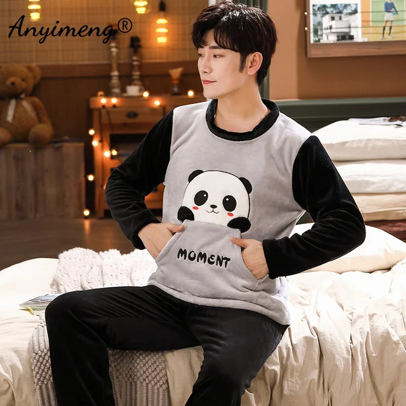 Plus Size Cute Monster Pajamas Set for Couple Fashion Homewear for Women Pullover Flannel Winter Thick Preppy Sleepwear for Men