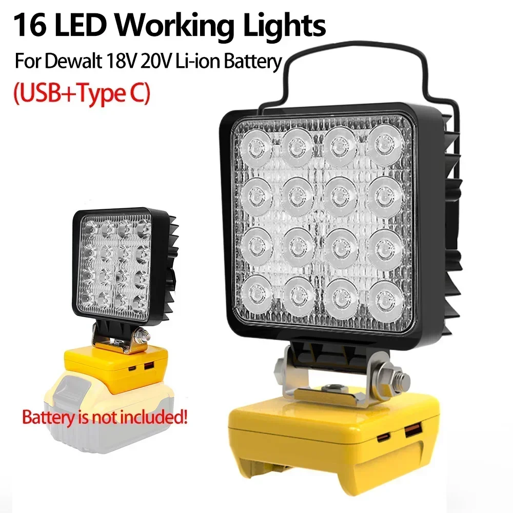 16 LED Working Lights Flashlight Torch Spotlights Type C USB Power Bank For DeWalt 18V 20V Lithium Battery High Low Beam Control