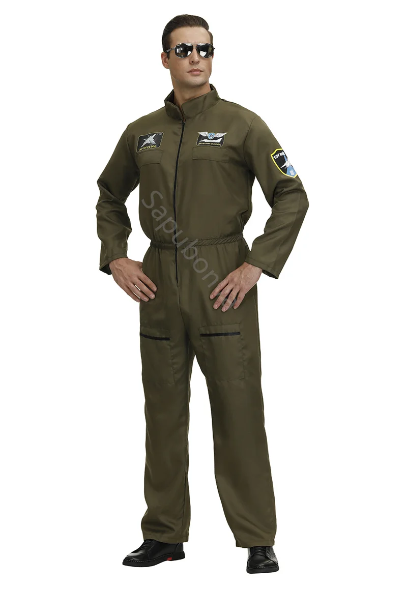 

Men's Flight Suit Costume Military Fighter Pilot Jumpsuit Halloween Costume Cosplay One Piece Overalls ArmyGreen