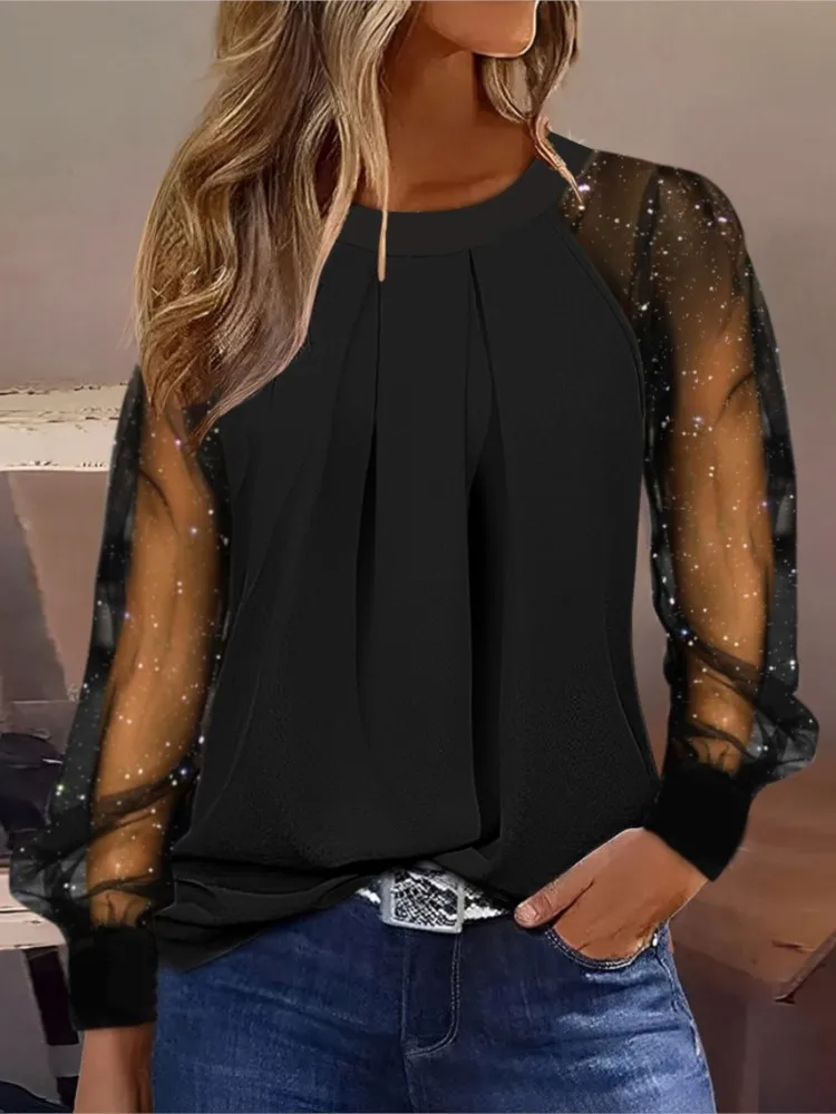 Camicette Boho da donna Autunno Manica lunga Moda Pieghe O-Collo Patchwork di pizzo Camicia ampia per le donne Top neri Nuovi abiti da ufficio