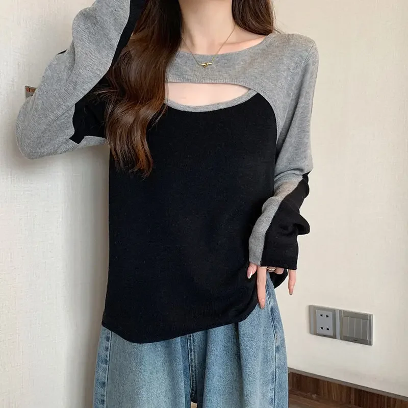 Slimming Color Block Long Sleeve T-shirt Women's Autumn Niche Design Sensibility Top