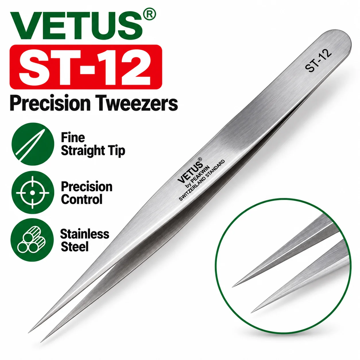 1 Stück Vetus Edelstahl-Pinzette Elektronik HRC-40 Präzisions-DIY-Pinzette Handwerkzeuge ST-12 – Detail 3
