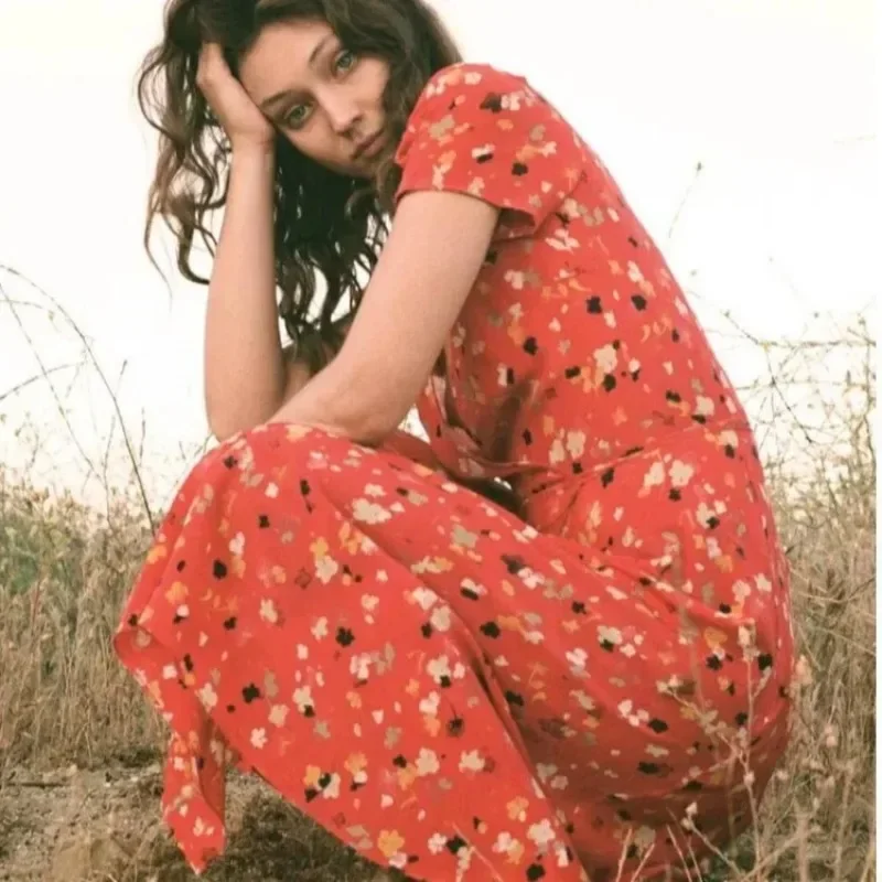 Women Summer Cherry Floral Print Maxi Beach Dress Female Fashion Boho Vintage V Neck Sexy Retro Party Dress New Red Wrap Dress