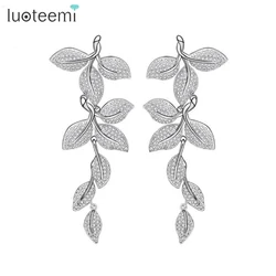 LUOTEEMI New Elegant Leaf Shaped Drop Earring for Women Statement Tiny CZ Wedding Engagement Pendant Earring for Bridal Gift