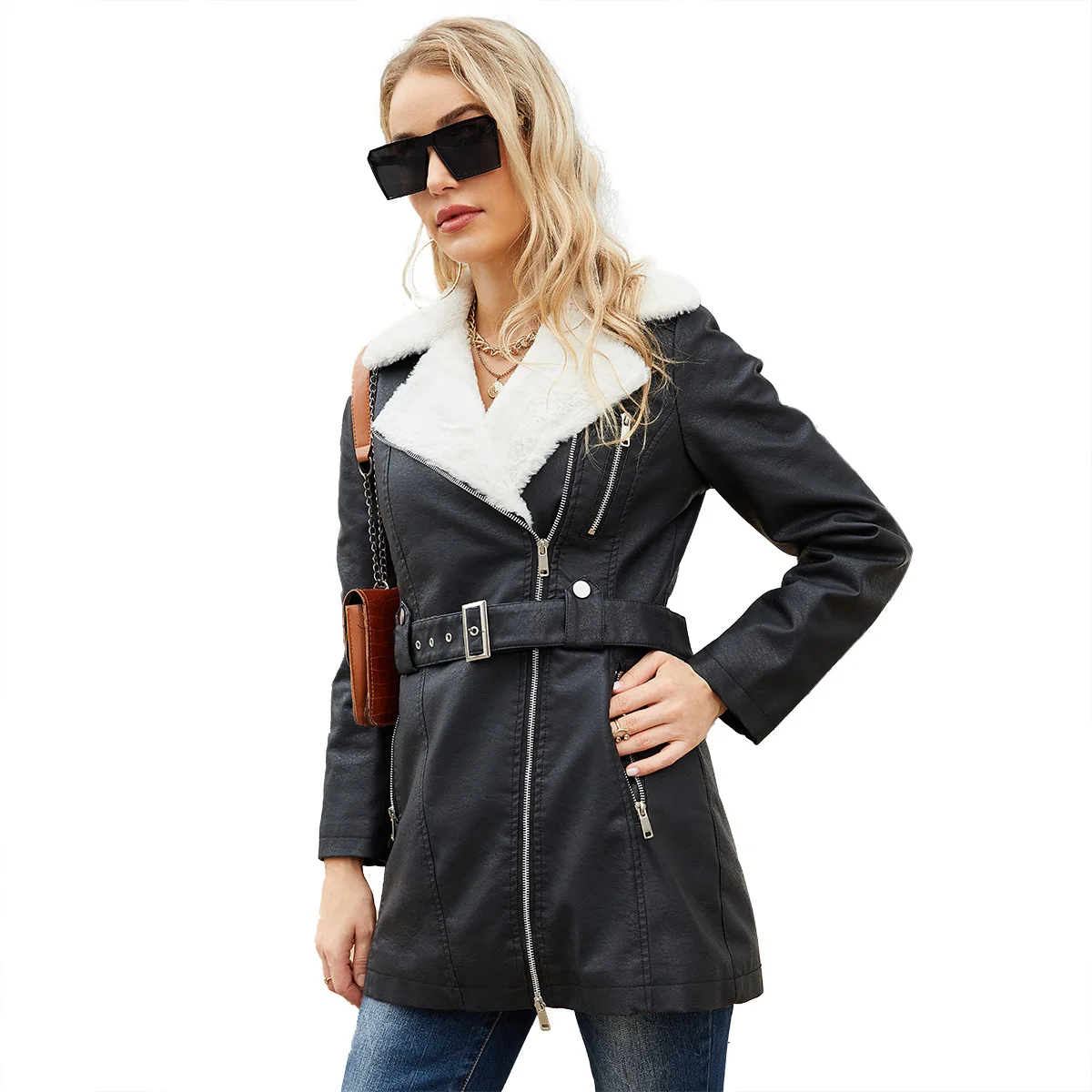 2024 Autumn/winter new long sleeve plus fleece leather classic fashion lapel double head zipper belt warm coat