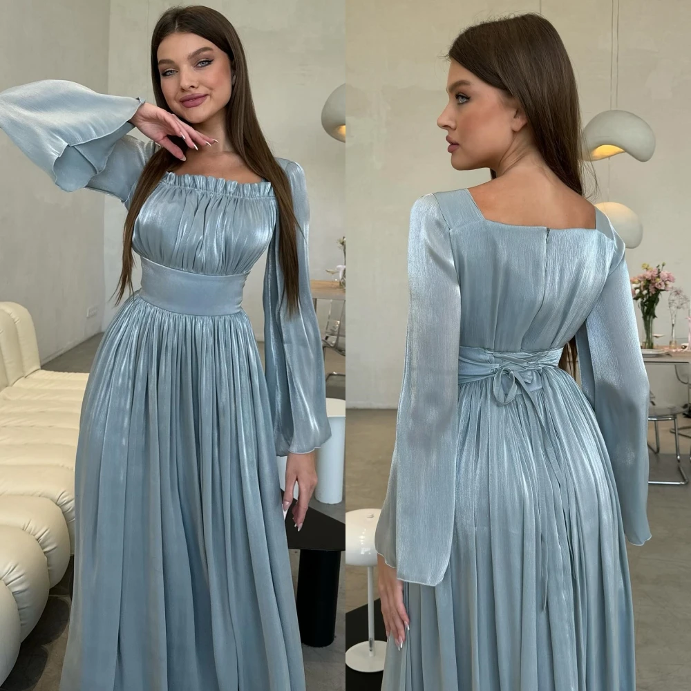 Customized    Saudi Arabia Satin Draped Wedding Party A-line Square Neck Bespoke Occasion Gown Midi es