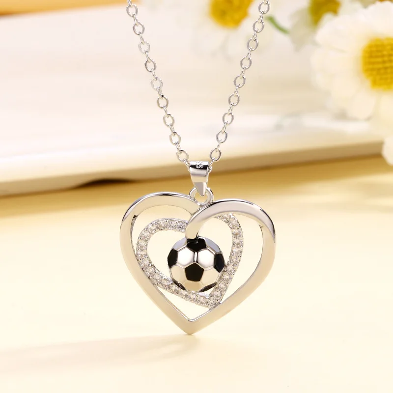 Love Heart Soccer Ball Pendant Necklace For Women, Rhinestone Stainless Steel Sports Football Necklace, Fans Jewelry Gift