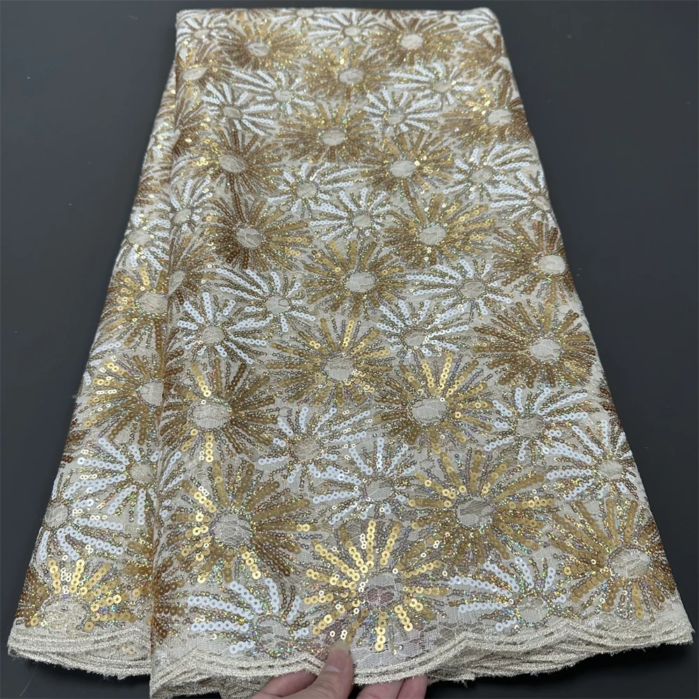 

African Nigerian Tulle Lace Fabric,Sequins Embroidery, French Guipure Party Dress Fabric for Sewing, High Quality, 5Yards, 2024