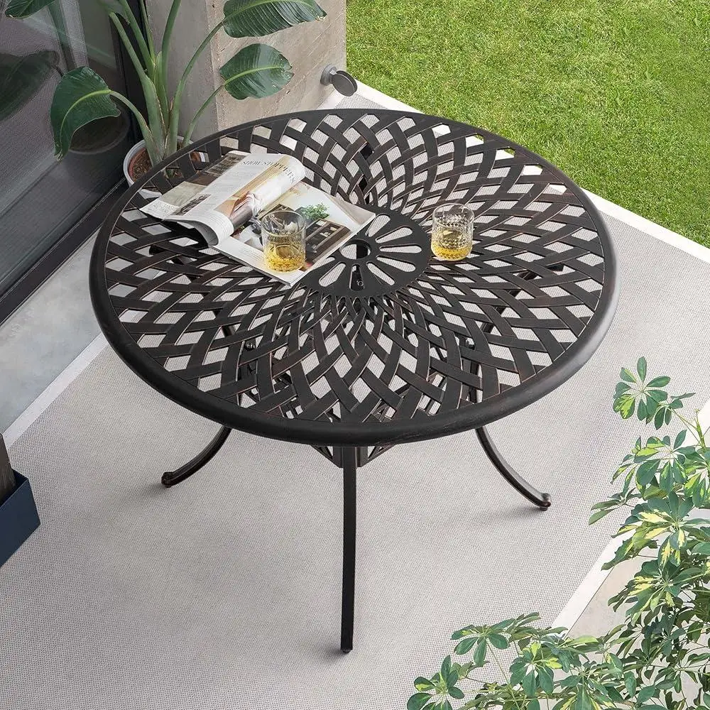 

Round Patio Dining Table Cast Aluminum Patio Table with Umbrella Hole Modern Outdoor Bistro Table Garden Porch Backyard