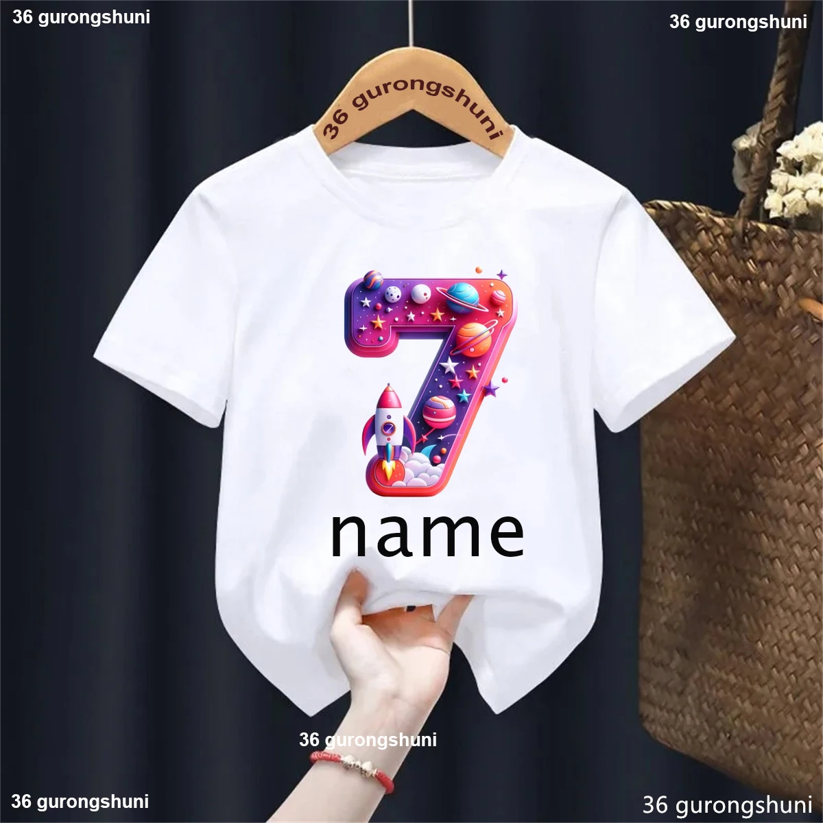 Custom Name 7th Birthday Gift Printed T Shirt Girls/Boys Astronaut Spacecraft Planet Tshirt Kawaii Kids Clothes Solid T-Shirt