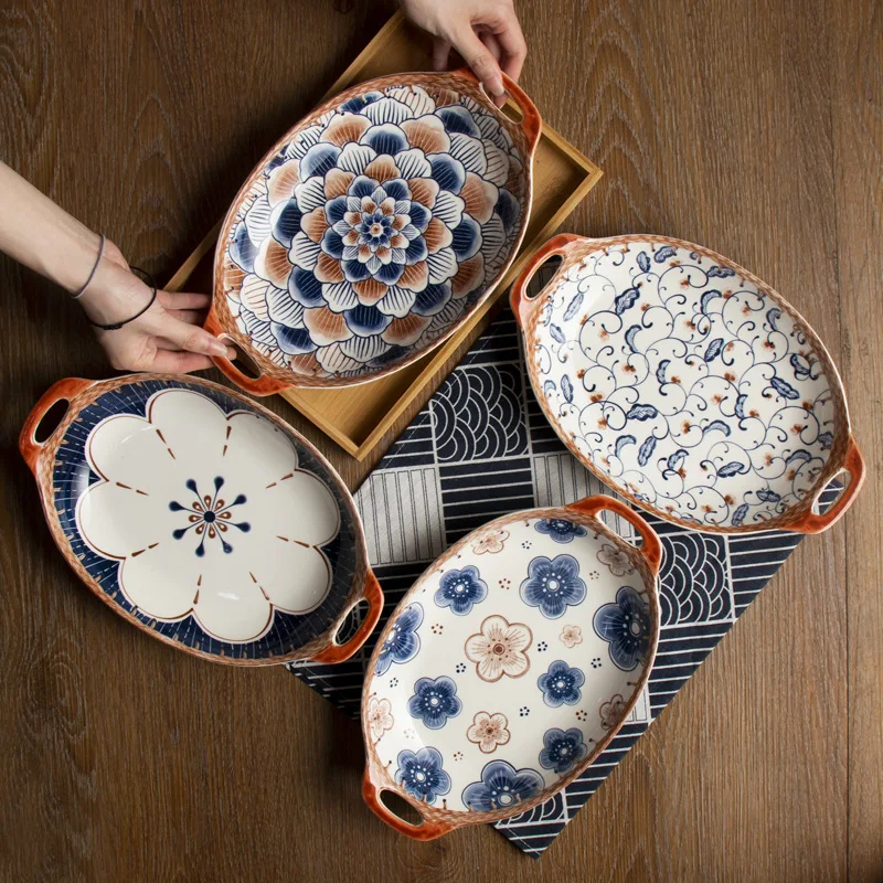 Japanese Plants Flowers Binaural Creative Steamed Fish Large Trays, Ceramics Plates, Tableware Set, Home Dinnerware, Exquisite