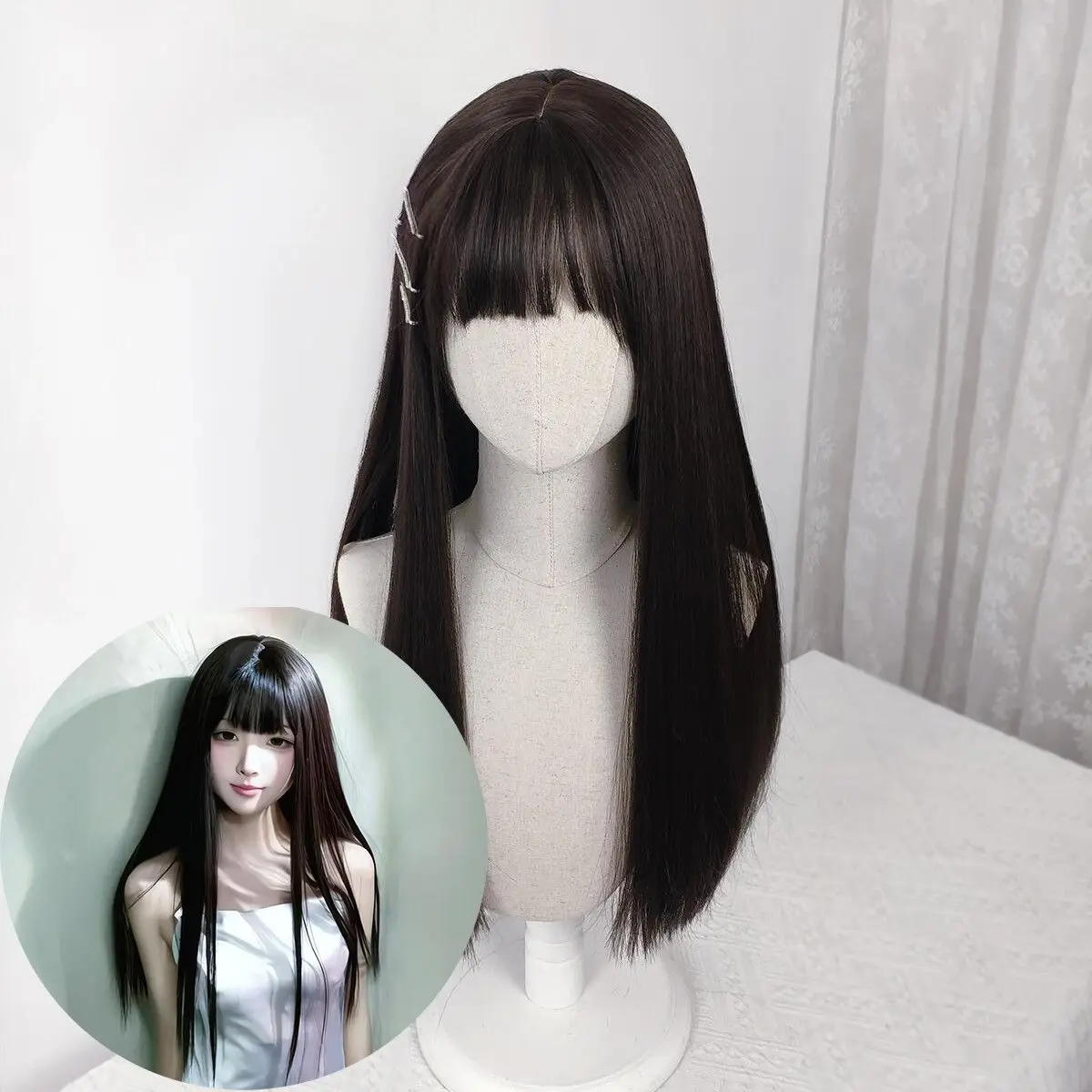 Peruka Cosplay Yu Nian'an Shi Ri Zhong Yan, czarna, długa, prosta z grzywką, peruka na całą głowę