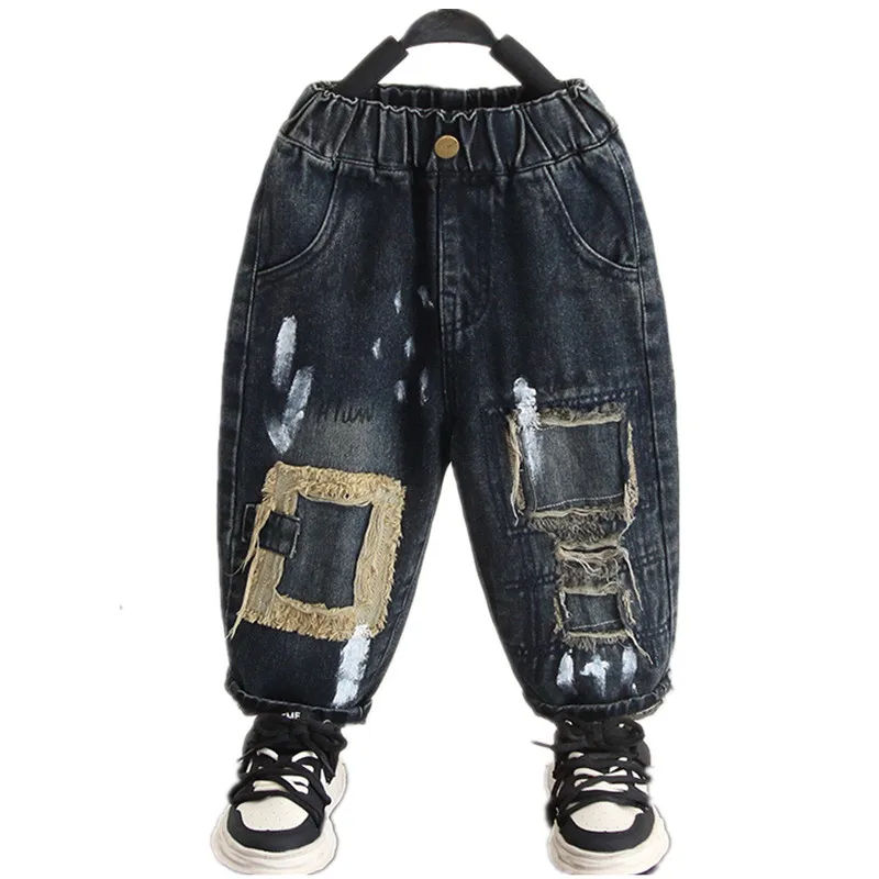 

Весенне-осенние детские джинсы для мальчиков, одежда для малышей, штаны с нашивками, детская джинсовая одежда, повседневные штаны с бантом для мальчиков, От 2 до 10 лет