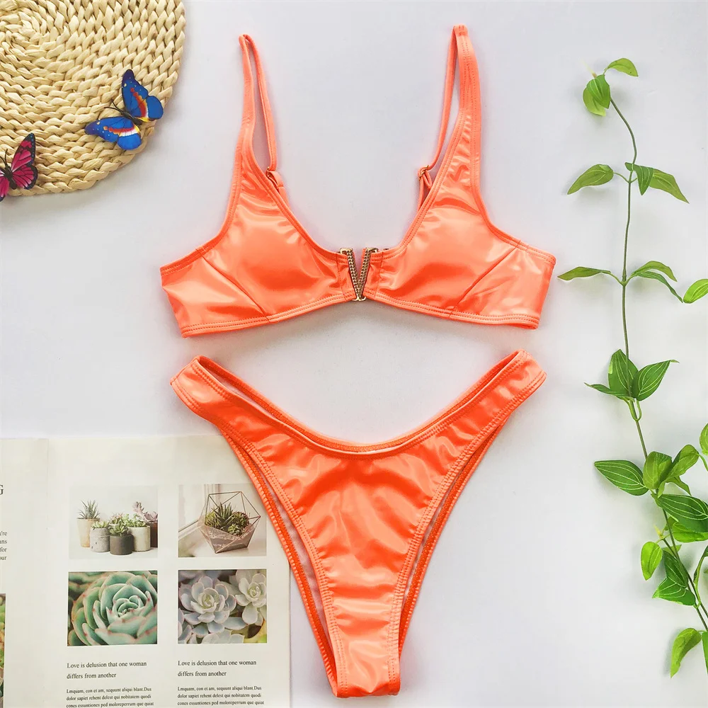 

Sexy Shiny Orange Bikini V Buckle PU Swimsuit Push Up Swimwear Tangas Y2K Women Beach Outfit Micro Bathing Suit Bikinis De Mujer
