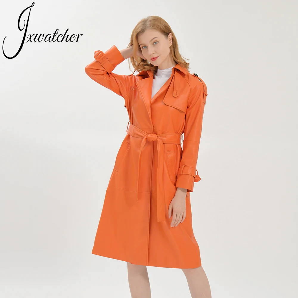 Jxwatcher-gabardina de piel auténtica con cinturón para mujer, abrigo largo elegante de piel de oveja auténtica, Color sólido, primavera y otoño