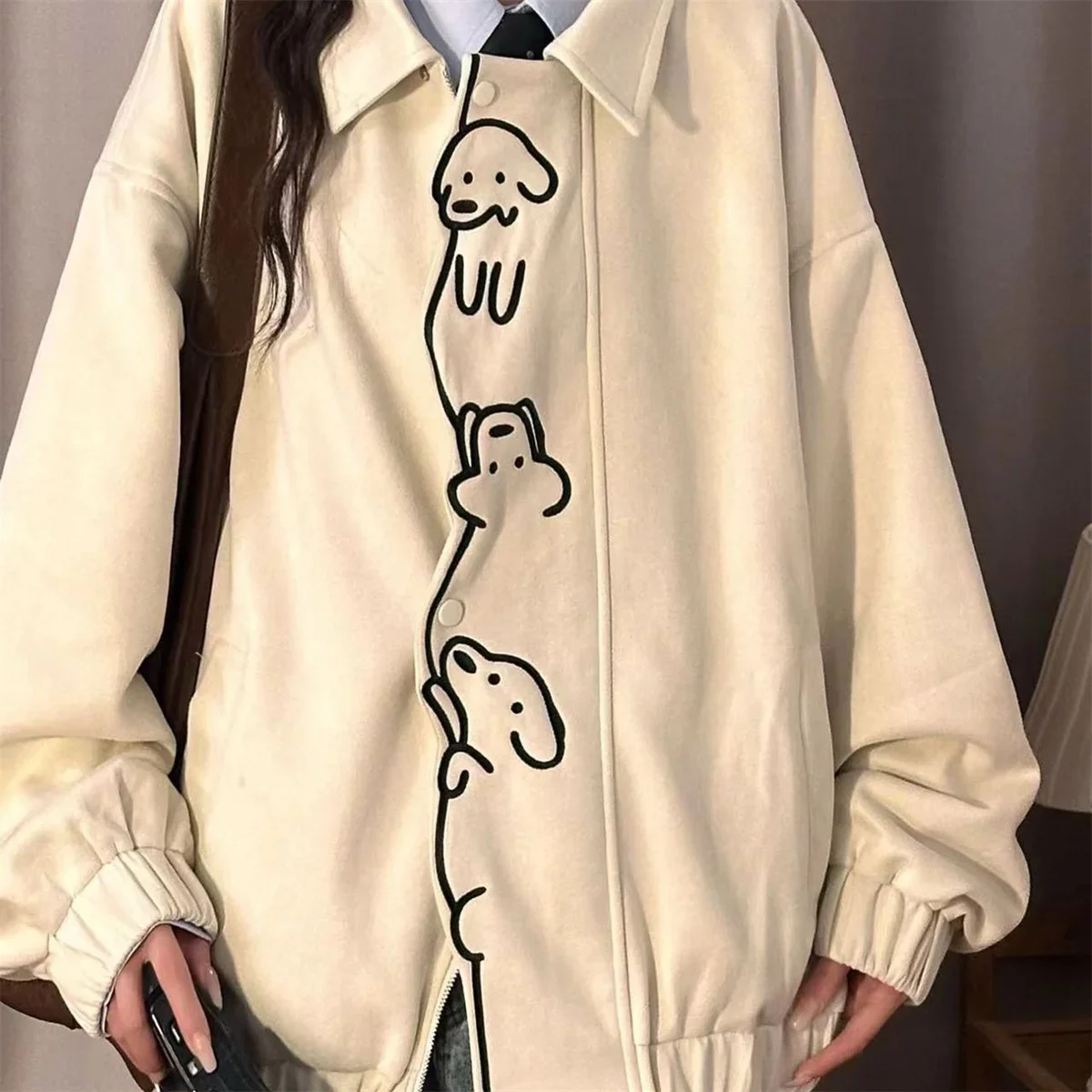 New Spring 2026 Fun Puppy Embroidered Jacket Women's New Loose Casual Versatile Top Trendy Women's Clothing