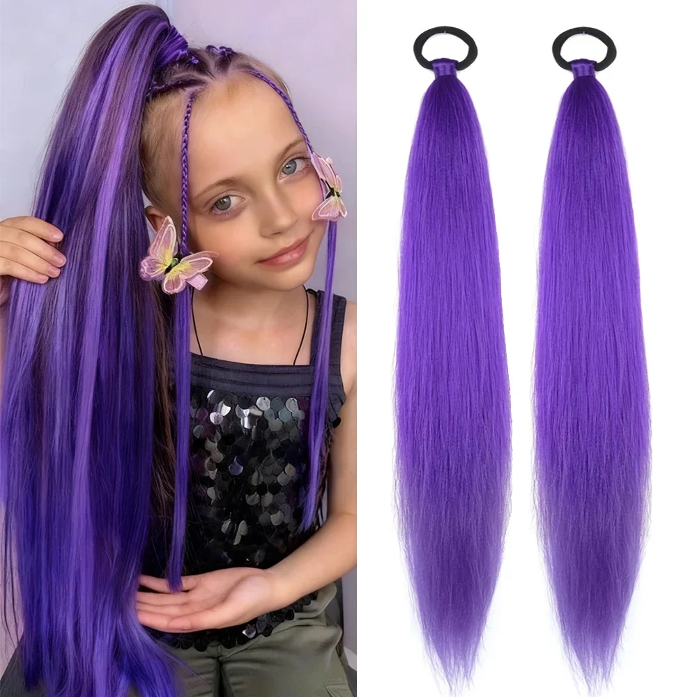 

2pcs Purple Ponytail Hair Extension with Elastic Hair Synthetic Long Straight DIY Braided Pony Tail Hairpiece Women Hair Daily