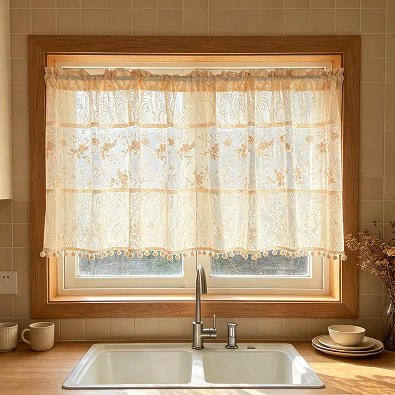 1pc Yellow Paisley Feather Lace Spliced Cafe Curtain, Warm Yellow Floral Mesh Embroidered Half Curtain with Off‑White Pom Fringe
