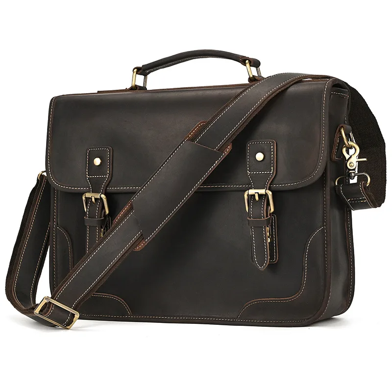 Real Cowskin Men Briefcase Bag Crazy Horse Leather Shoulder Messenger Bag Quality Office Tote Handbags for 15.6" Laptop