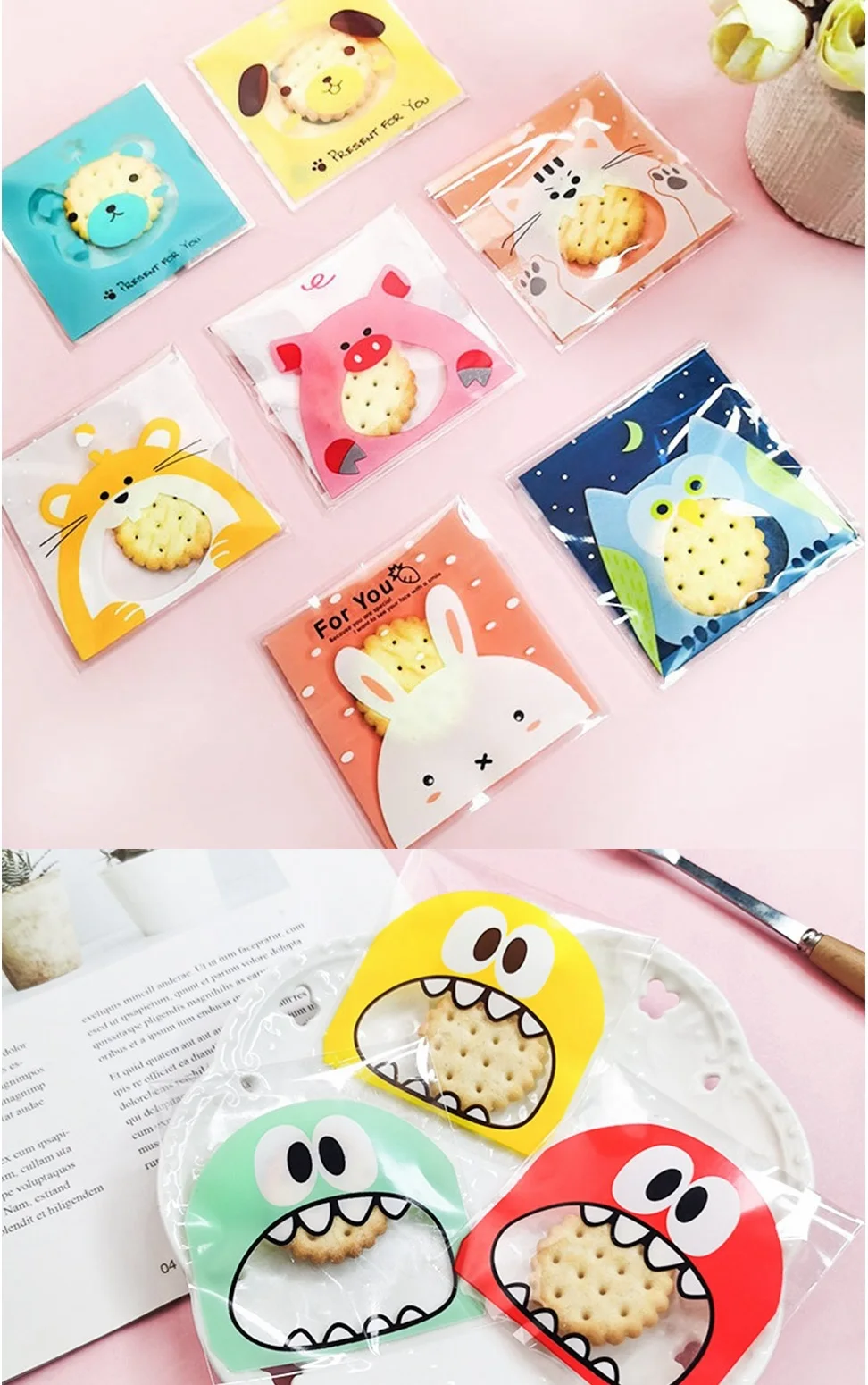 50pcs/lot DIY Cute Cartoon Candy Sweets Baking Snack Cookie Biscuit Bag Package For Festival Wedding Birthday Christmas Party