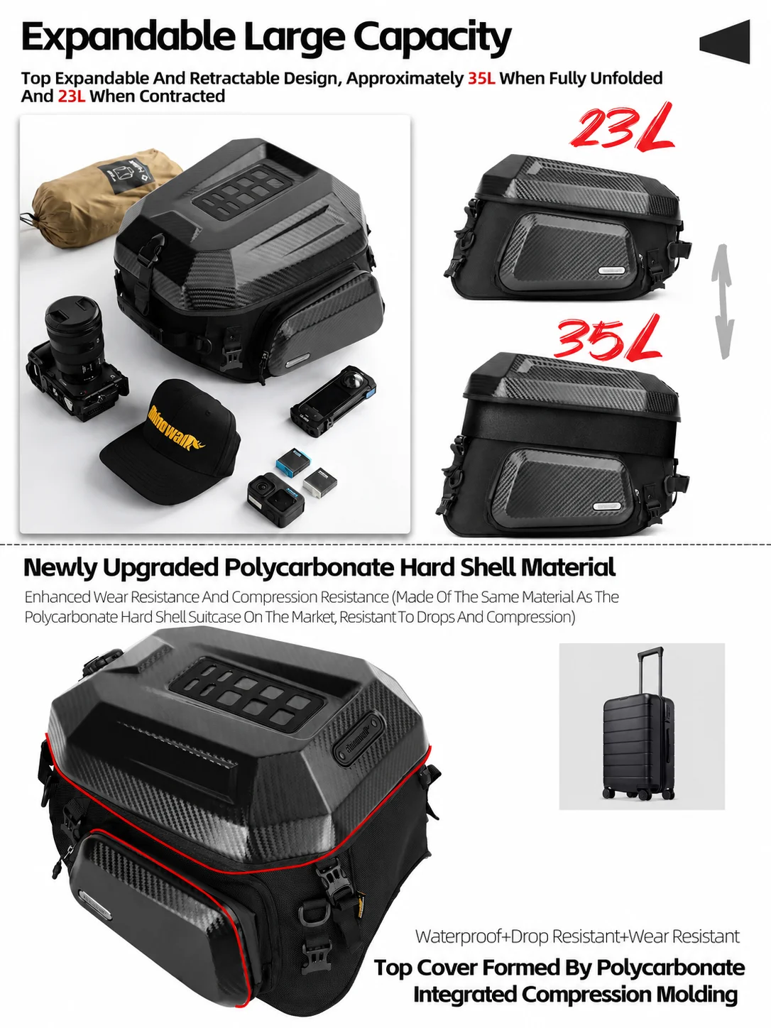 Rhinowalk Motorcycle Helmet Tail Bag 23L-35L Expandable Waterproof Rear Seat Bag Backpack for Street Sport ADV Bikes Storage New view 5