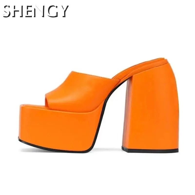 2022 New Sexy High Heels Women Solid Color Sandals Thick Platform Female Slippers Office Wedding Microfiber Leather Ladies Pumps