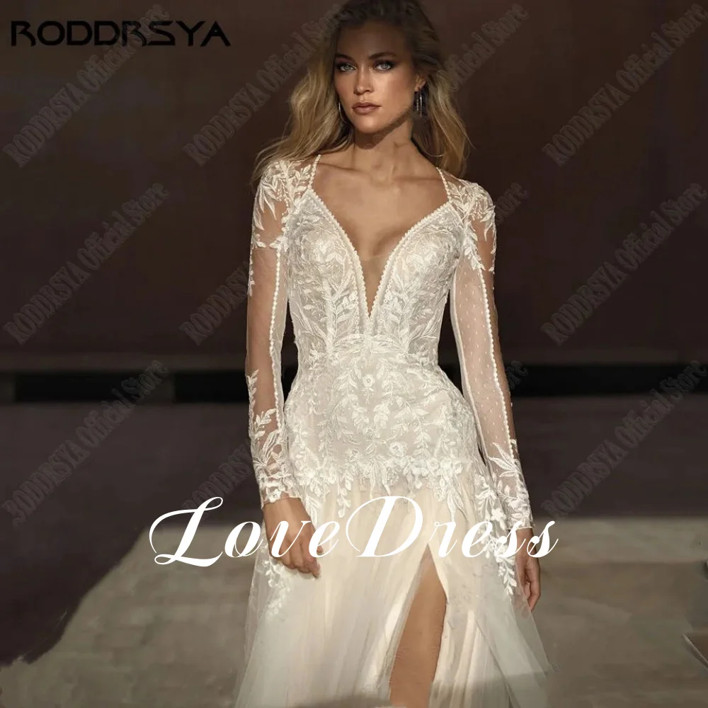 Vintage Boho Style Wedding Dress 2024 Deep V-Neck Lace Applique Buttons Long Sleeve Bride Dressing Gown Personalized Bridla Robe