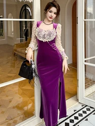 Elegant Prom Long Dress for Women Retro Sheer Lace Spliced High Slit Fishtail Robe Evening Party Banquet Vestidos Autumn