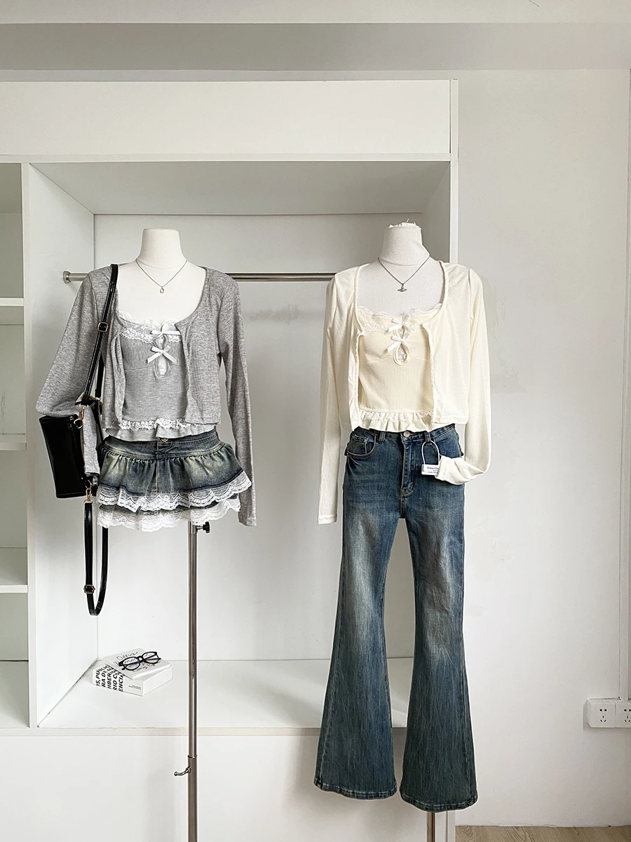 

Spring 2026 Korean Style Lace Trim Short Open Cardigan And Camisole Set Long Sleeve Inner Wear for Women Commute Fashion