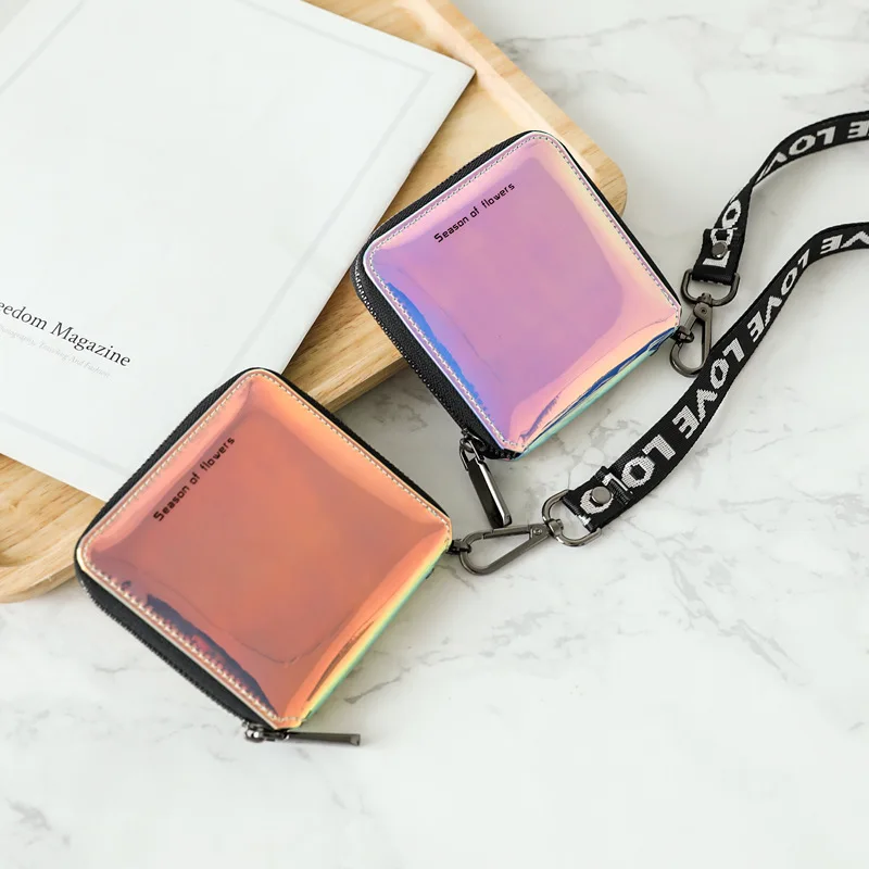 

Leather New Fashion Rainbow Lady Short Wallets Pu Leather Laser Cartera Girl Purses Wallets Wome