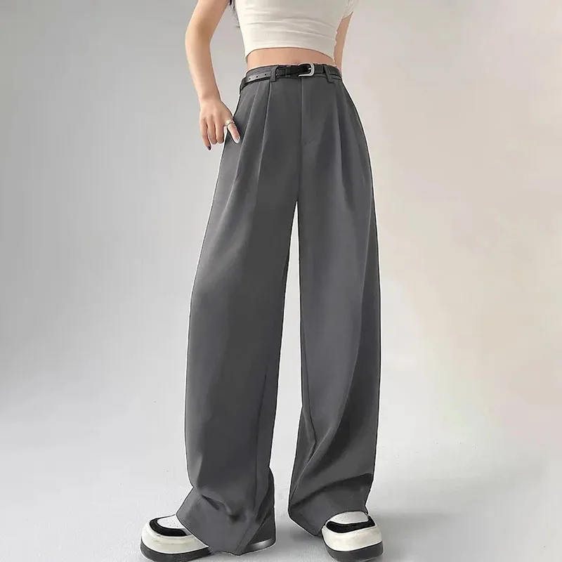 High Waist Belt Wide Leg Suit Pants Y2K Fashion Baggy Korean All-Match Trousers Solid Elegant Office Ladies Chic Straight Pants