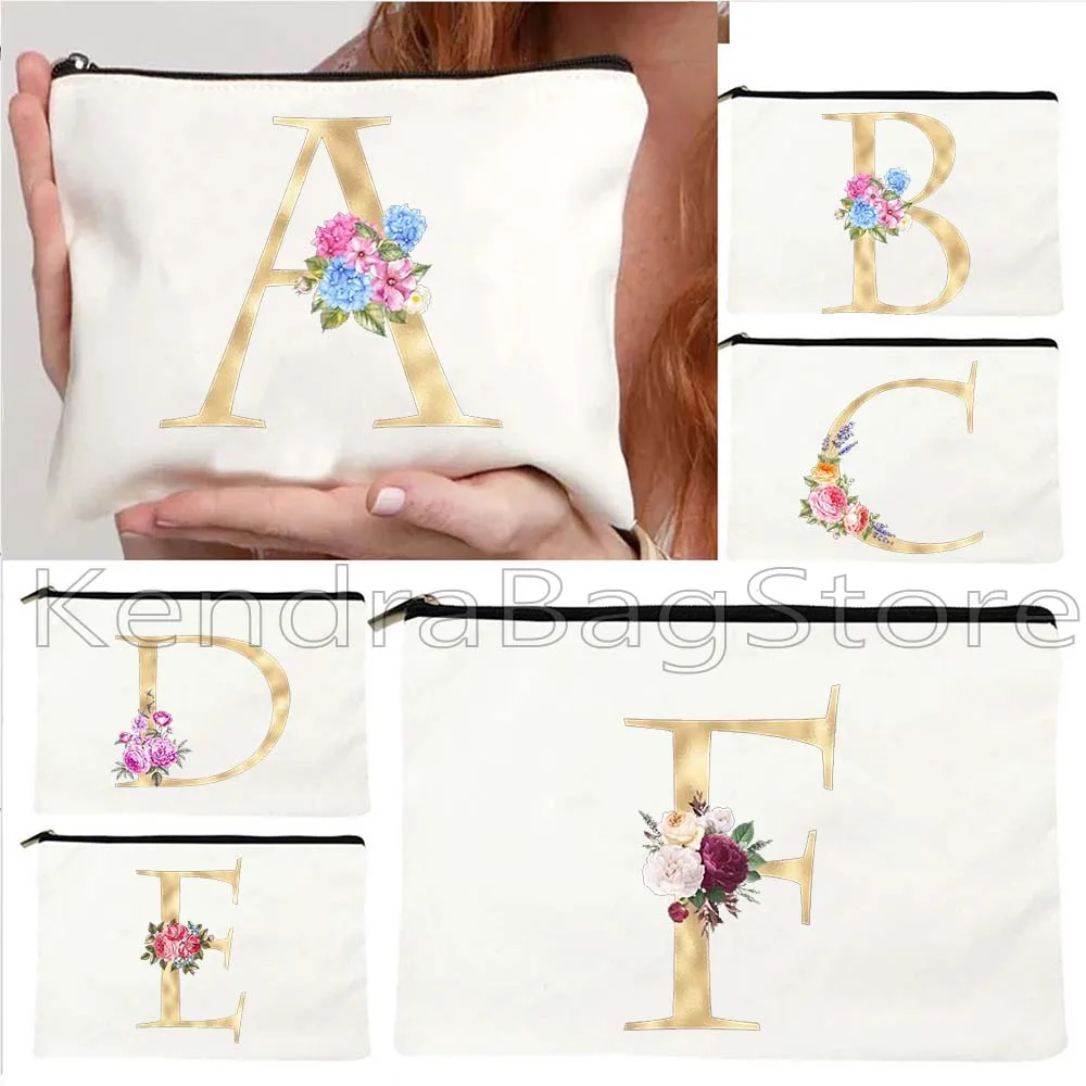 

Gold Floral Letter English Alphabet Flowers Initial Letter Wedding Gifts Canvas Cosmetic Makeup Toilet Bag Pencil Case Pouch