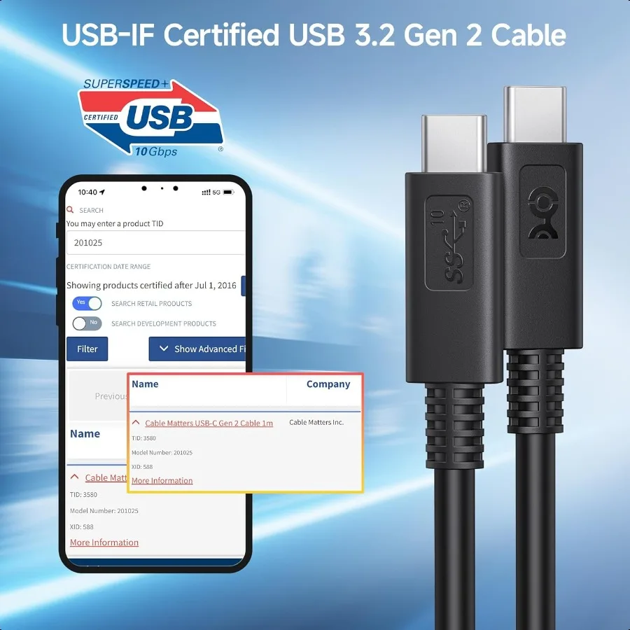كابلات المهمات [معتمدة من USBBIF] كابل USB C بسرعة 10 جيجابت في الثانية، منافذ 3.3 قدم 1 متر تصل إلى [4K@60 هرتز فيديو 100 وات شحن 10 جيجابت في الثانية لنقل البيانات