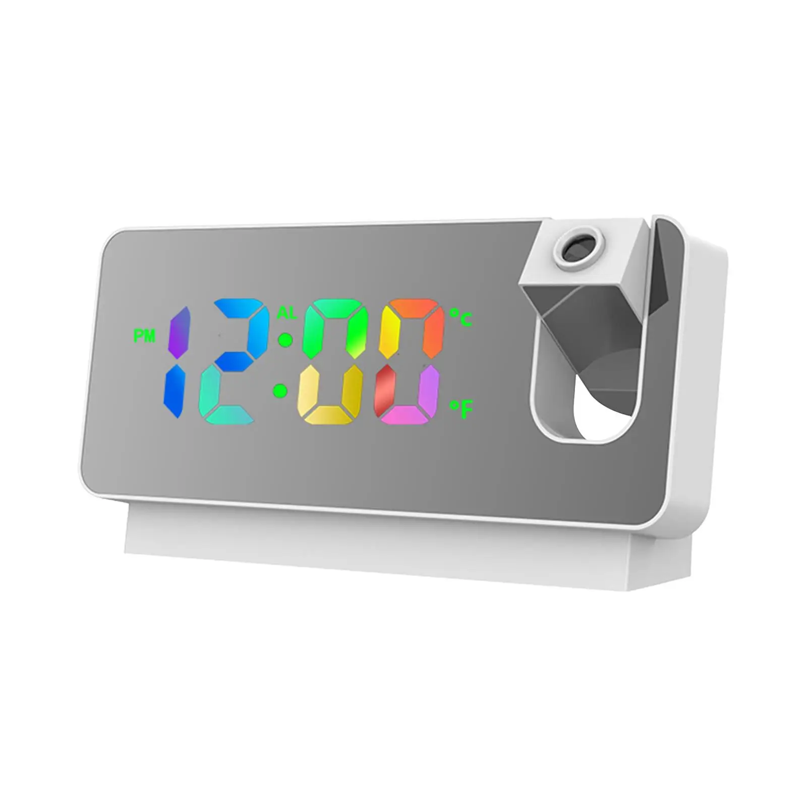Digital projection alarm clock by the bed, large mirror, LED display,