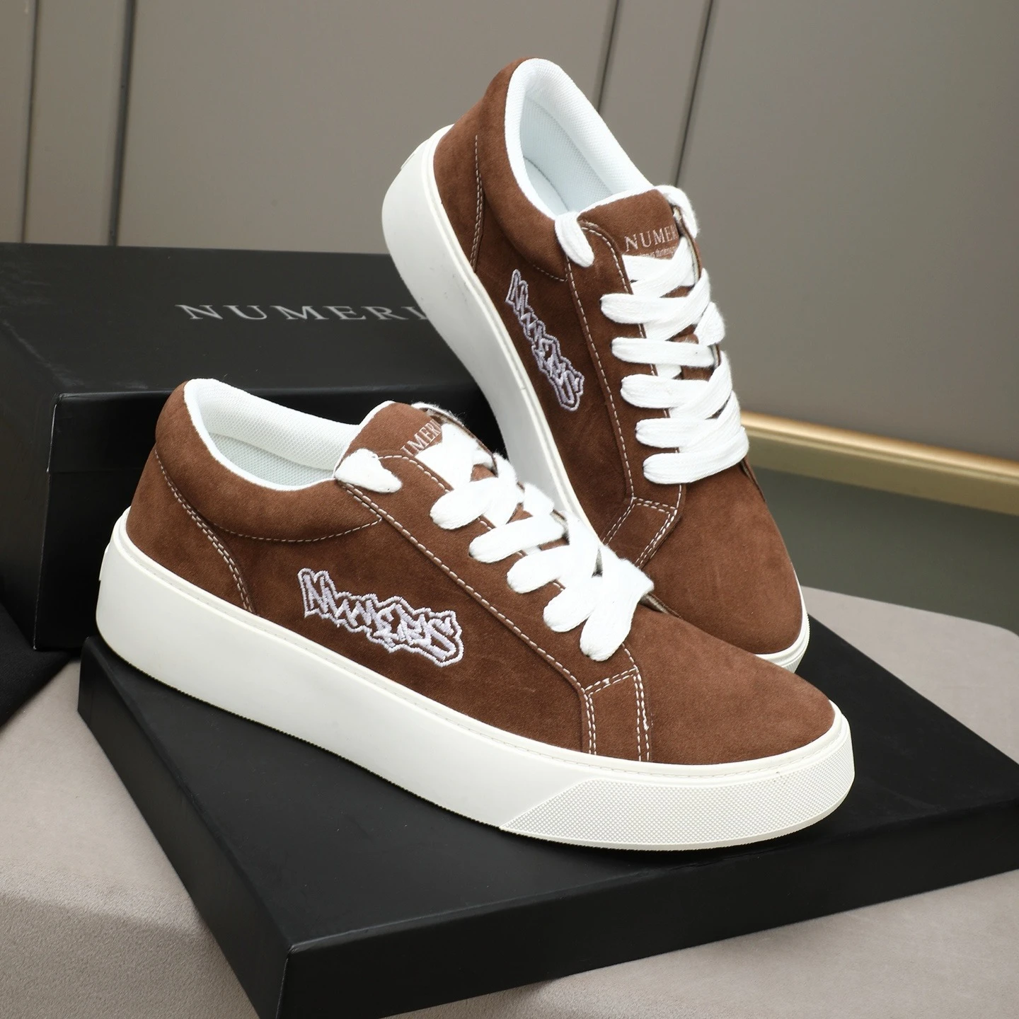 Retro Suede Casual Sneakers Versatile Embroidered Letter Low-top Sneakers Height-increasing Lace-up Style NUMERIS Best-selling