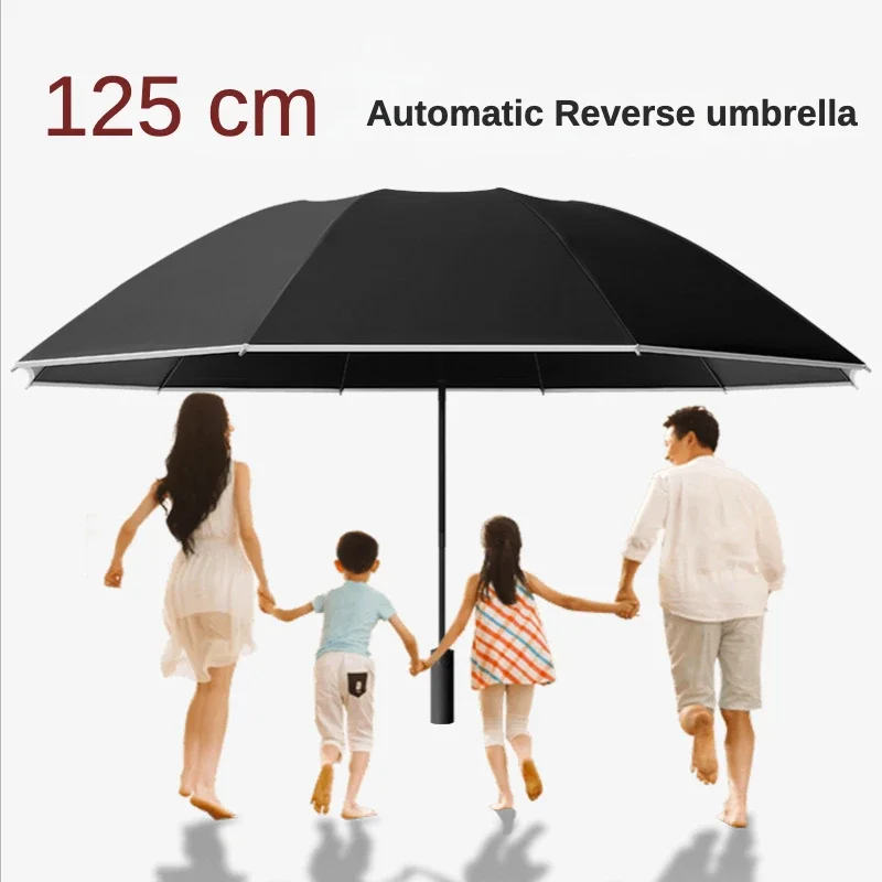 Windproof Strong 125CM Large 10 Bone 3 Folding Reverse Umbrella for Men Safety Reflective Stripe Rain and Sunshade Big Umbrellas