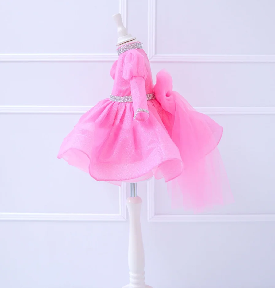 Hot Pink Glitter Baby Girls First Birthday Dress Tutu Outfit Flower Girl Dress Prom Christmas Gown Puff Sleeves 12M 24M