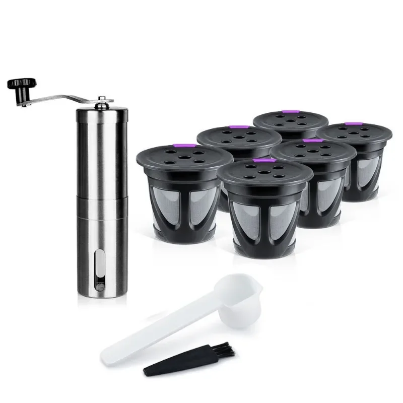 6Pcs Refillable Coffee Filter Cup & Manual Grinder Set Coffee Pod Filled Capsule Compatible with Keurig K Cup Coffee Makers