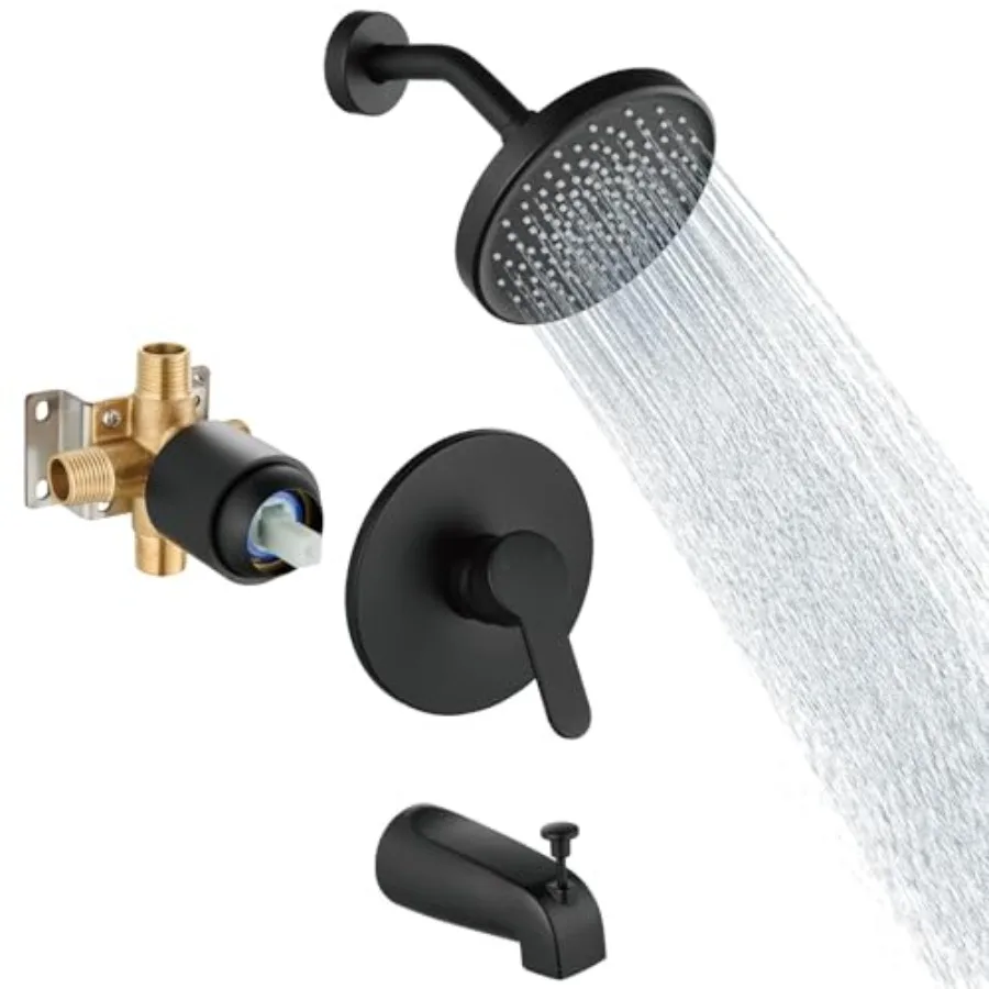 

Tub Shower Faucet Set With Valve Wall Mount Shower Trim Kit 6 Inch Bathtub Fixtures Rough-in Valve Single-Spray Shower Head Sys