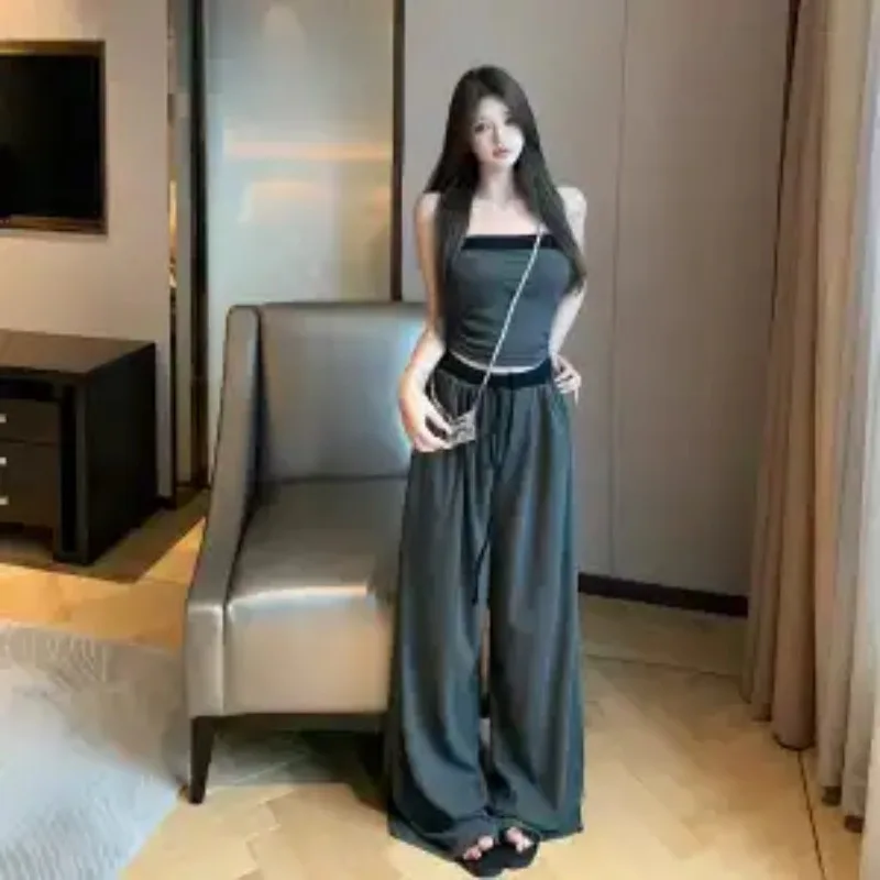 

Women Sweet Pleated Bandeau Top High Waist Wide Leg Pants Two Piece Casual Outfit For Summer