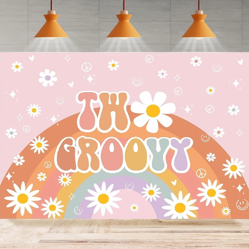 Photography Backdrop Rainbow Boho Groovy Two 2nd Birthday Background 70's Daisy Hippie Peace Love Party Backdrop Wall Banner