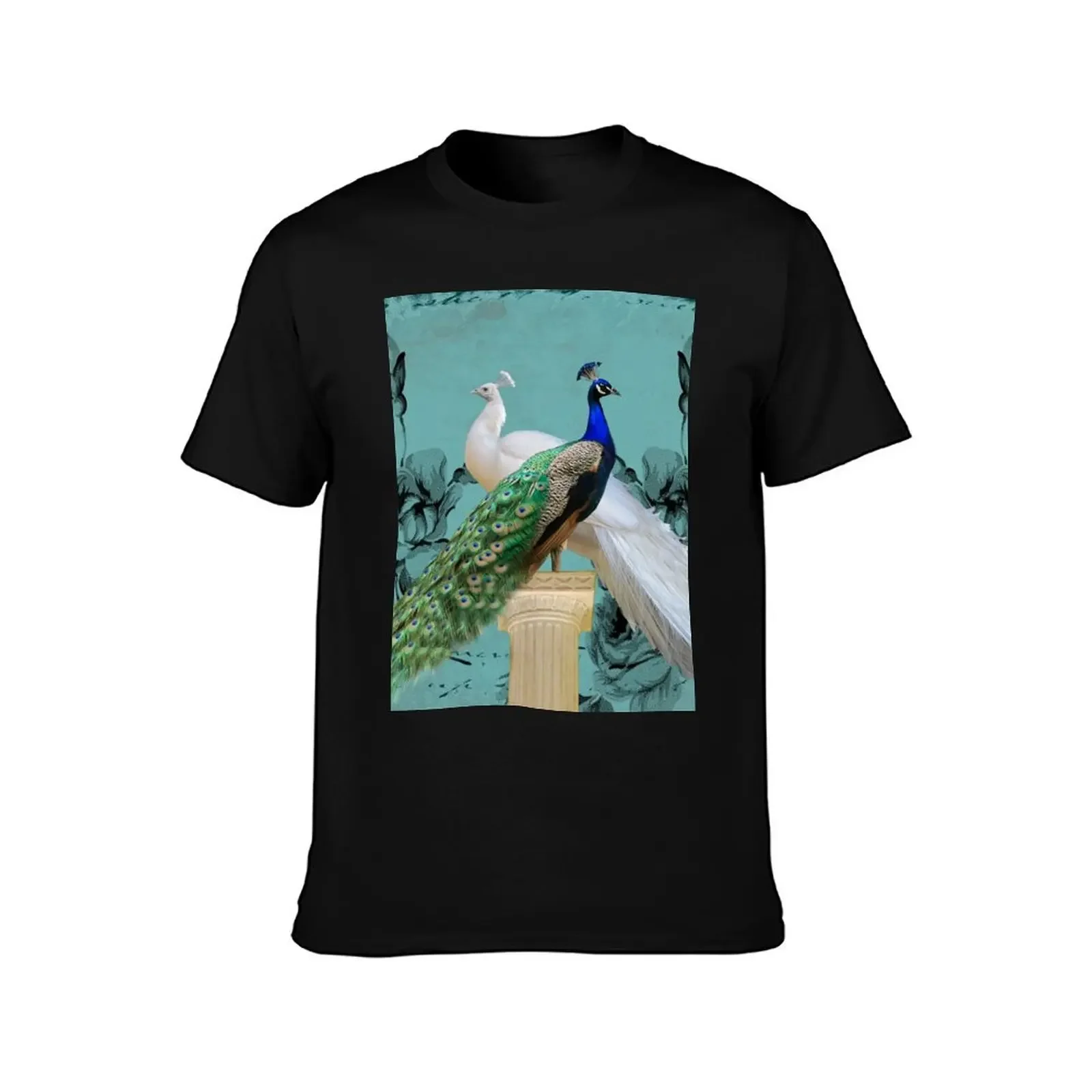 Blue Peacock and White Peacock Pair Teal Photo Art A032 T-Shirt anime figures summer tops t shirt men 100℅ cotton