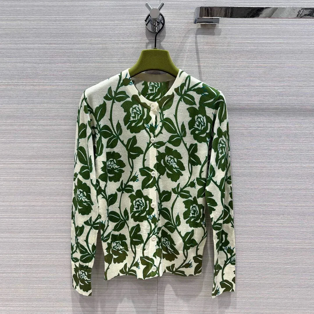 

2024 New Fashion Green Flower Print Cardigans Women Knitted Sweater O-neck Single Breasted Casual Vintage Wool Knitwear